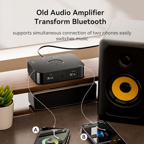 Bluetooth 5.4 Receiver with USB/AUX/RCA Outputs, HiFi Wireless Audio Receiver with Remote, USB Playback & Type-C Power – No Battery, Bluetooth Audio Adapter for Old Stereo and Home Theater System.