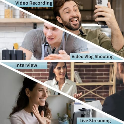 Wireless Lavalier Microphone with Noise Cancellation, 6 Hours of Battery, Wireless Mini Microphone for iPhone, Android, Record Interview, Vlogs
