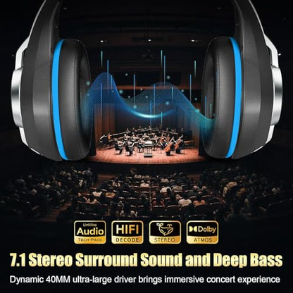 2.4GHz Wireless Gaming Headsets for PS5/PS4/Switch, RGB Noise Cancelling Over-Ear Headphones with 7.1 Surround Sound, 40mm Drivers, Bluetooth 5.4, 276g Ultraligero, Memory Foam, 45H Gaming Headphones - color: Black