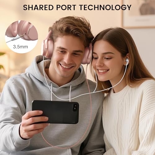 USB C Wired Over-Ear Headphones with Microphone | Volume Control, Share Port, Adjustable Headband Foldable Stereo Headset for Adult/Teens for iPhone 16, Laptop, Gaming, Travel - color: New Rose Gold