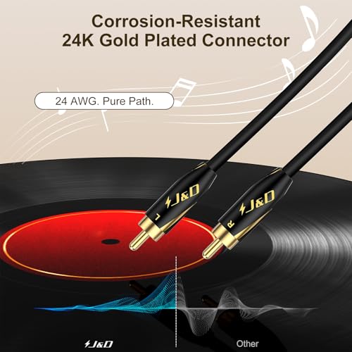 J&D Audiophiles RCA Cable, 24 AWG 2RCA Male to Male Stereo Interconnect Audio Cord, Gold-Plated Subwoofer Cable for Home Theater, HDTV, Amplifiers, Hi-Fi Systems, Speakers, 9 Feet/2.7 Meter - size: 9 Feet