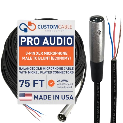 Custom Cable Connection 75 Foot Pro-Audio XLR Balanced Microphone Male to Blunt - 24 AWG Economy Shielded Install Cable - size: 75 Foot, style: Male to Blunt
