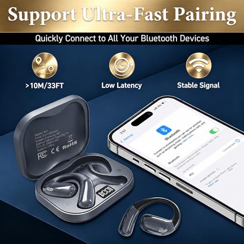 Open Ear Headphones, Wireless Headphones with Smart Digital Display & Mic | (Gray) Open Ear Earbuds 35H Playtime, Sweat Resistant & Waterproof, Secure Comfortable Fit - Running, Sport, Driving, Daily - color: Gray