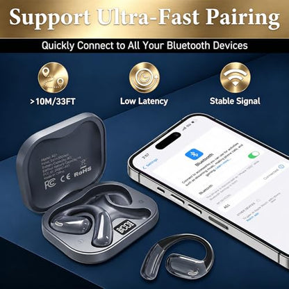 Open Ear Headphones, Wireless Headphones with Smart Digital Display & Mic | (Gray) Open Ear Earbuds 35H Playtime, Sweat Resistant & Waterproof, Secure Comfortable Fit - Running, Sport, Driving, Daily - color: Gray