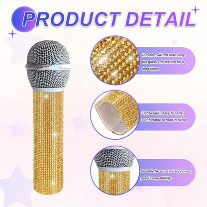 MECCANIXITY Gold Mic Handle Cover, Rhinestones Microphone Handle for Most Universal Wireless Microphones, Mic Not Included(with Grey Velvet Bag) - color: Gold Grey