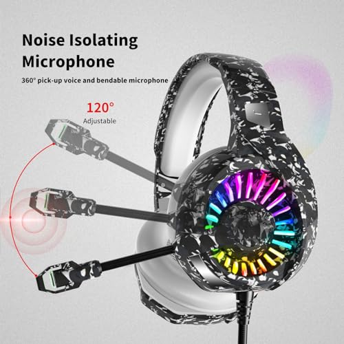 ZIUMIER Wired Camo Gaming Headset for PC, PS5, PS4, Xbox Series X|S | 노이즈 캔슬링 마이크, LED RGB 조명, 50mm 드라이버, 3.5mm 오디오 잭, 소프트 메모리 폼, 멀티 플랫폼 헤드폰 - color: 카모플라주
