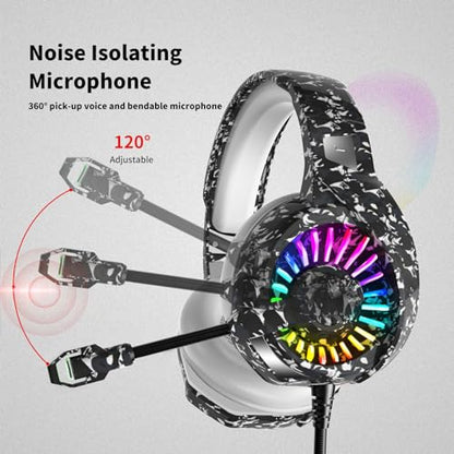 ZIUMIER Wired Camo Gaming Headset for PC, PS5, PS4, Xbox Series X|S | 노이즈 캔슬링 마이크, LED RGB 조명, 50mm 드라이버, 3.5mm 오디오 잭, 소프트 메모리 폼, 멀티 플랫폼 헤드폰 - color: 카모플라주