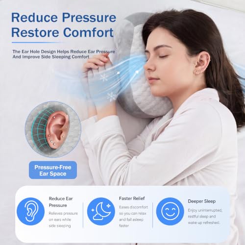 Youyole Grey Piercing Pillow for Side Sleepers, Ear Pillow Smooth Cooling Fabric, 11.8 x 9.8 x 4.7 Inch Raised for Sleeping with Earbuds, Earphones, Ear Pain, Pressure Relief Comfortable Sleeping - color: Grey