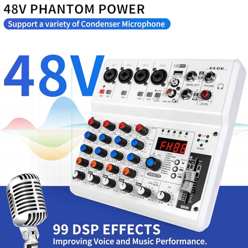 6-Channel Audio Mixer with 99 Sound Effects for PC,Portable Sound Mixing Console with BT USB Recording Input for Live Streaming,Podcasting,DJ Show