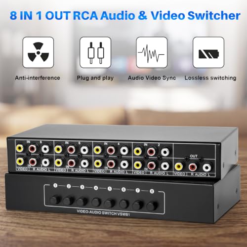 RCA Switch 8 in 1 Out Composite Video Audio AV Selector Switcher Box | Plug & Play 8-Way RCA AV Switcher 8x1 for PS2 PS3 Wii Xbox HDTV DVD Game Consoles - size: 8 IN 1 OUT