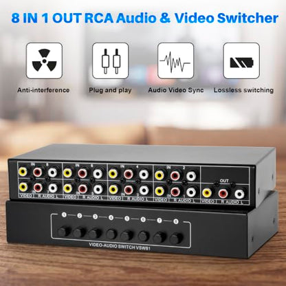 RCA Switch 8 in 1 Out Composite Video Audio AV Selector Switcher Box | Plug & Play 8-Way RCA AV Switcher 8x1 for PS2 PS3 Wii Xbox HDTV DVD Game Consoles - size: 8 IN 1 OUT