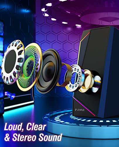 LENRUE Computer Speakers, USB/USB-C Powered AUX Audio for PC Speakers with Loud Stereo Sound, Headphone-in, Touch Lights for Desktop, Computer, Laptop, Desk（USB-C to USB Adapter Included - color: Black