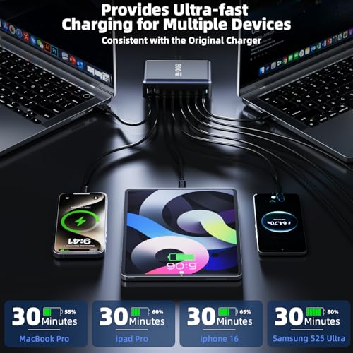 500W Fast Charging 8 Port USB C Charger Block with Nylon Fast Charging Cable, Multi-Device Charging Station Wall Desktop Charger with GaN Ⅲ Technology, USB-C Charger Adapter for MacBook/iPad/iPhone 17 - size: 500W+240W Fast Charging Cable Braided Nylon