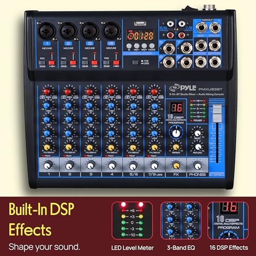 Pyle 8 Channel DJ Audio Mixer, Bluetooth, DSP FX, USB, Audio Interface