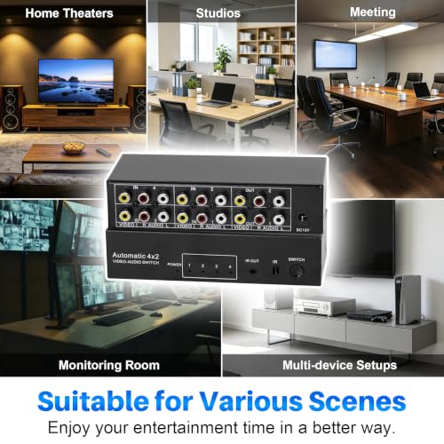 4-Way Composite AV RCA Switcher, 4 in 2 Out Automatic Switch Box | Video L/R Audio Selector 4x2 4 Port AV Selector RCA Switch for HDTV LCD DVD STB Game Consoles (4 in 2 Out) - size: 4 IN 2 OUT