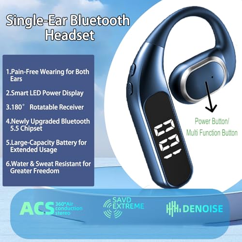 Single Ear Wireless Bluetooth Headset, Bluetooth 5.5, LED Power Display, ENC Noise Cancellation, 360° ACS Sound, Sweatproof, for Phone Tablet Laptop - F62, Blue - color: Single Ear Headphone F62 Blue