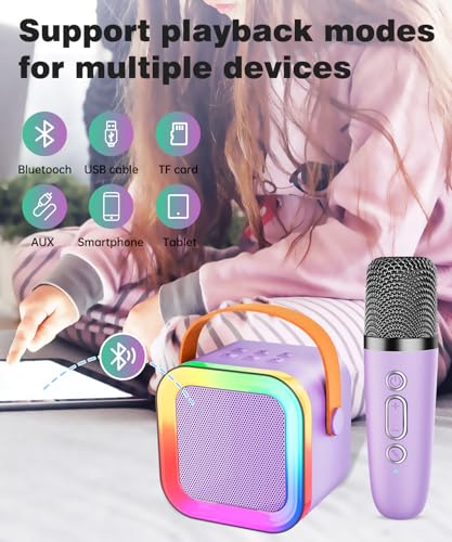 Mini Kids Karaoke Machine Ages 3-12, Wireless Microphones Bluetooth Speaker | LED Party Lights, Voice Changer, Duets, BT 5.3, Rechargeable Portable, Birthday Christmas Toys & Gifts for Boys & Girls - color: Purple - 1 Mic