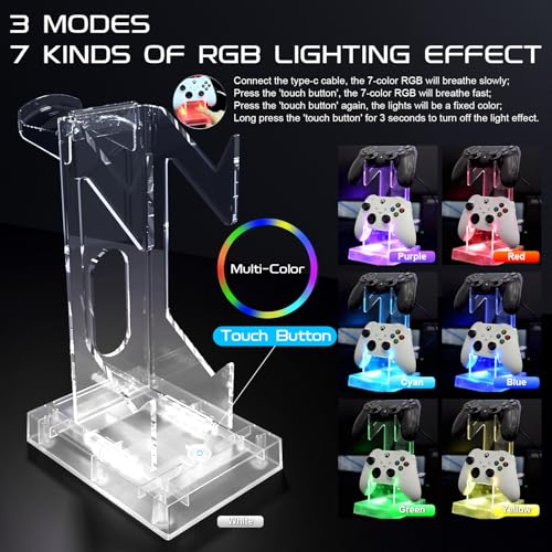 Joso Controller Holder with RGB Light, 2 Tier Acrylic Gaming Controller Stand for PS5/PS4/PS Portal/Xbox/Switch, Gaming Headset Gamepad Stand Accessories for Desktop Gamer, Universal Design