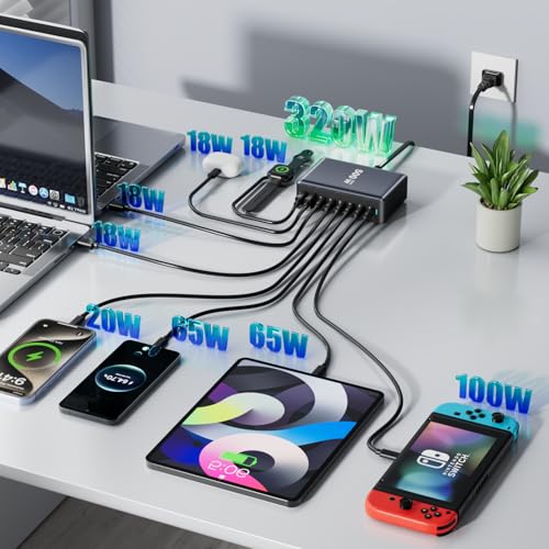 320W Fast Charging 8 Port USB C Charger Block, Multi-Device USB Charging Station Wall Desktop Charger with GaN Ⅲ Technology, USB-C Charger Adapter for MacBook/iPad/iPhone 16/Samsung Galaxy/DELL/HP - size: 320W