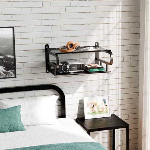 16" X 10" Floating Projector Shelf for Wall, WiFi Router Shelf with Cable Hole for TV Components|DVD Players|Games Consoles, Projector Wall Mount Shelf for Living Room,Bedroom,Office-Black