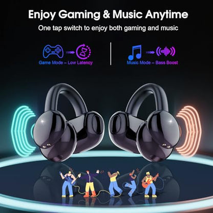 Open Ear Earbuds Wireless Clip on Headphones Bluetooth 5.4 Ear Buds with DNN Noise Cancelling, 48H Playtime, Low Latency, Fashion Design, Secure Fit, Clear Sound for Music & Calls - color: Obsidian