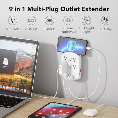 BN-LINK Outlet Extender, Multi Plug Outlets with 6 Outlets 3 USB Ports (3.4A Total), Dusk-to-Dawn Sensor Night Light, Outlet Splitter with Top Phone Holder, for Traveling, Home, School, Office - size: 6 Outlets - Night Light (USB)