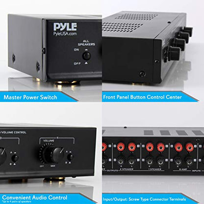 Pyle 4 Channel Speaker Selector Switch - Multi Zone Audio Distributor with Independent Volume Control, Compact Design, Supports Home Theater and Stereo Systems - PSLSW4.5