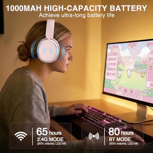 AULA G7 Pro Wireless Gaming Headset with 7.1 Surround Sound, 40mm Driver,BT5.3 Gaming Headphones with Mic, RGB, 10ms Latency, 65H Battery,Pink Gaming Headset for PS5,PS4, Switch,PC,Wired Mode for Xbox
