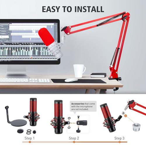 SUNMON HyperX QuadCast Boom Arm - Red Boom Arm for Hyper x QuadCast with Red QuadCast Pop Filter, Sound Insulation and Noise Reduction, HyperX QuadCast Microphone Arm with 3/8" to 5/8" Adapter