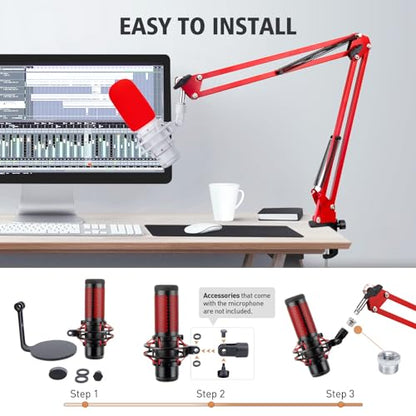 SUNMON HyperX QuadCast Boom Arm - Red Boom Arm for Hyper x QuadCast with Red QuadCast Pop Filter, Sound Insulation and Noise Reduction, HyperX QuadCast Microphone Arm with 3/8" to 5/8" Adapter