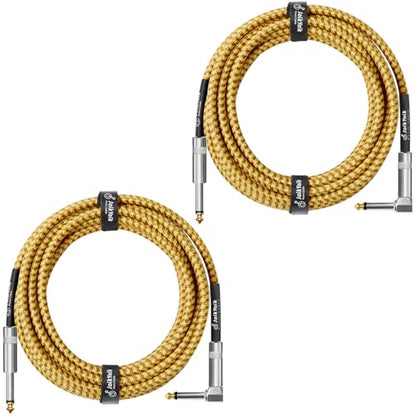 Guitar Cable 15ft 2-Pack, Tweed Cloth Braided Instrument Cable, TS 1/4 Inch Angled to Straight, for Electric Guitar/Bass/Amp, Yellow & Brown - color: Yellow, size: 15ft