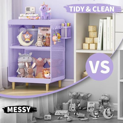 SYKIARIOL Kids Nightstand for Girls, 3-Tier Storage Shelf, Purple | Metal Bedside Table with 4 Hooks & Hanging Basket, Toddler Night Stand for Bedroom - color: Purple