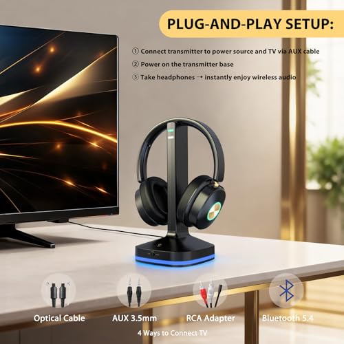 Wireless Headphones for TV, TV Headphones Wireless for Senior with Digital Optical RCA AUX 3.5 MM Transmitter Charging Dock, Over Ear Headphones with Low Latency & HiFi Sound, Gifts for Parent/Elderly