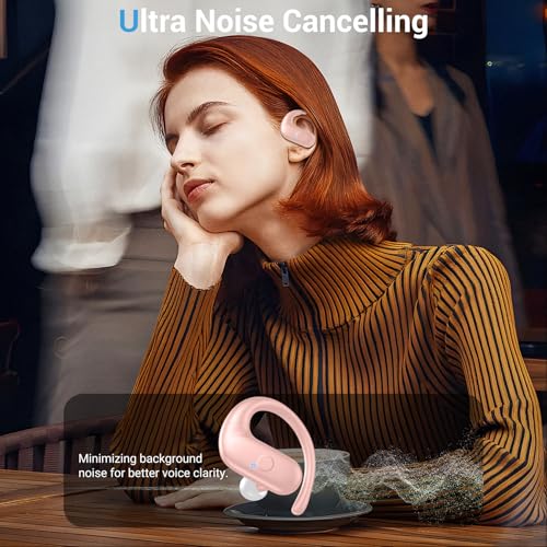 Sport Wireless Earbuds,60Hrs BT5.4 ENC IPX7 Waterproof Earhooks Deep Bass | 14.2mm drivers deliver rich stereo sound. Soft silicone ensures a secure, painless fit for long workouts. - color: Pink