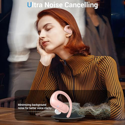 Sport Wireless Earbuds,60Hrs BT5.4 ENC IPX7 Waterproof Earhooks Deep Bass | 14.2mm drivers deliver rich stereo sound. Soft silicone ensures a secure, painless fit for long workouts. - color: Pink
