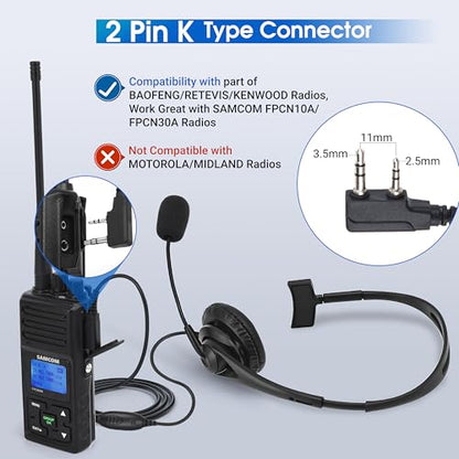 SAMCOM Over The Ear Walkie Talkie Headset, 2 Pin Plug with Boom Mic PTT Overhead Headphone for Baofeng for Kenwood for Retevis Two Way Radios (Single Side, Adjustable Headband, Wired)