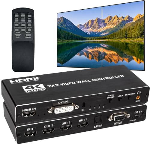 2x2 4k Video Wall Controller, Transform 4 TV Screens into a Single Wall Display with HDMI & DVI 4K Input, 180° Rotation, Audio Output, IR Remote/RS232/Button Press Control