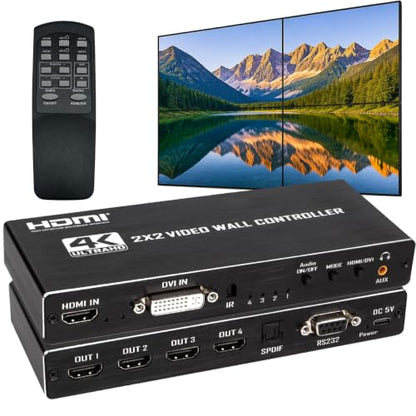 2x2 4k Video Wall Controller, Transform 4 TV Screens into a Single Wall Display with HDMI & DVI 4K Input, 180° Rotation, Audio Output, IR Remote/RS232/Button Press Control