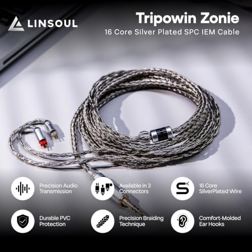 Linsoul Tripowin Zonie 16 Core Silver Plated IEM Cable, 2m Length | Extended Earbud Cord, HiFi Wired Earbuds Earphone Cable, in Ear Monitor Wire for Audiophile Musician, MMCX - style: MMCX