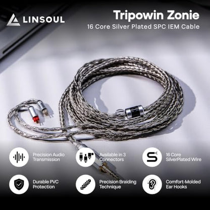 Linsoul Tripowin Zonie 16 Core Silver Plated IEM Cable, 2m Length | Extended Earbud Cord, HiFi Wired Earbuds Earphone Cable, in Ear Monitor Wire for Audiophile Musician, MMCX - style: MMCX