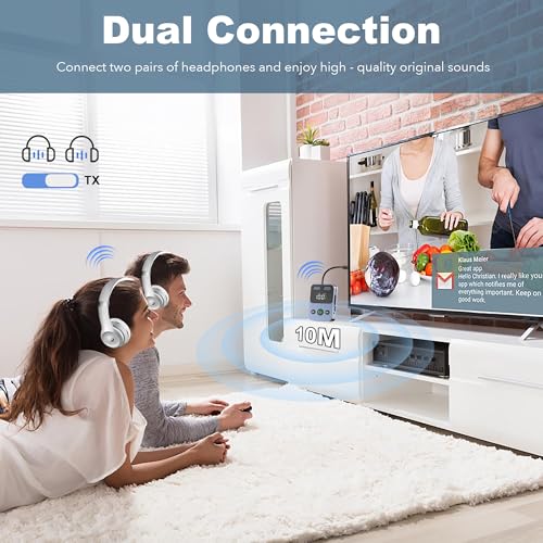 Bluetooth Transmitter Receiver, 2-in-1 Bluetooth 5.3 Adapter for TV, Airplane, Gym Equipment, Cars, PC, Supports to 2 Wireless Headphones, Cell Phones, Wireless Receiver for Car, Home Stereo