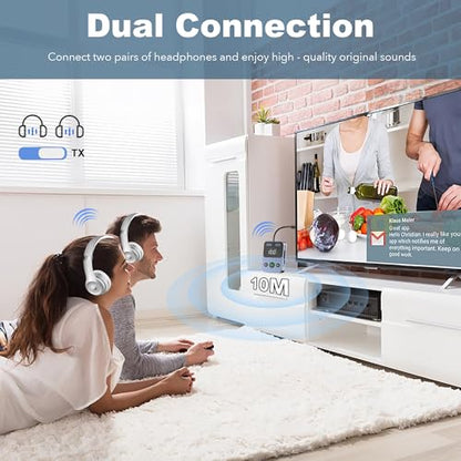 Bluetooth Transmitter Receiver, 2-in-1 Bluetooth 5.3 Adapter for TV, Airplane, Gym Equipment, Cars, PC, Supports to 2 Wireless Headphones, Cell Phones, Wireless Receiver for Car, Home Stereo