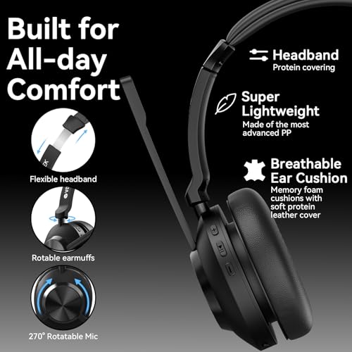 Wireless Headset with Mic for Work,Wireless Computer Headset(Bluetooth V5.3 + USB Dongle)w/Noise Cancelling Mic & Mute Button,Long Battery Life for Work,Zoom,Teams,Online Meetings,Home Office