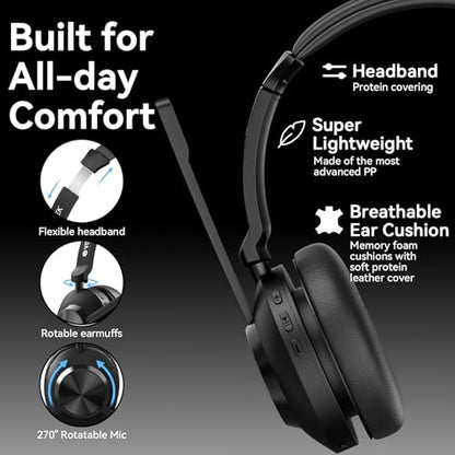 Wireless Headset with Mic for Work,Wireless Computer Headset(Bluetooth V5.3 + USB Dongle)w/Noise Cancelling Mic & Mute Button,Long Battery Life for Work,Zoom,Teams,Online Meetings,Home Office