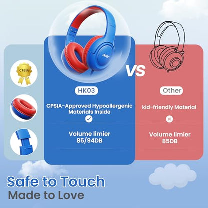 Acer Kids Headphones for School, 85-94dB Limiter, 3.5mm Jack, w/Mic HK03 | Foldable Wired Over Ear Headphones, for Toddler School/Tablet/iPad/PC/Travel, Blue-Red - color: Blue Red