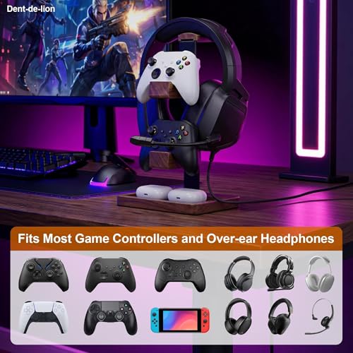 2-in-1 Solid Wood Headset Stand with Dual Game Controller Holder | Gaming Headphone Stand with Storage Base, 6 Joystick Sponge Rings and 8 Thumb Grips Gaming Equipment Accessories for Desk