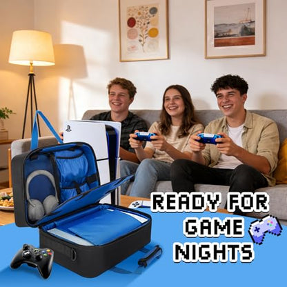 Carrying Case Compatible with PS5, PS5 Slim& Pro, Padded Travel Case | Storage for 2 Controllers, Headset & Cables, Padded Interior, Water-Resistant Exterior, Hold-Down Strap, Bag Only