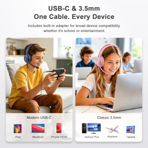 SIMOLIO-Kids-Headphones-School with-USB-C to 3.5mm Dongle, Boom-Microphone | 75/85/94dB Volume Limit,Mute Button,Bag, Stereo Over-Ear Wired Headset for iPad,iPhone,Tablet,Boy,Girl,Gaming,Travel,Airplane - color: Rose & Navy USB C & 3.5mm