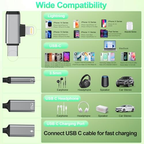 3-in-2 USB C/Lightning to 3.5mm Audio Jack Headphone+USB C Earphone Jack+Type-C Charger Splitter,Apple Aux Adapter for iPhone 16 15 14 13 12 XR/XS/Pro Max/Plus,iPad Pro/Air,Samsung Galaxy S24—Silver