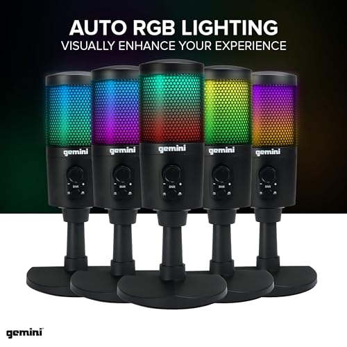 Gemini Sound GSM100USB PC Computer USB Condenser Microphone with RGB LED Lights Headphone Jack Volume and Background Noise Reduction Controls for Live Streaming Podcasting Chat Gaming Twitch Zoom